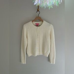 Fuzzy Feathery White Cardigan Soft Long Sleeve Cozy Sweater Size‎ Medium